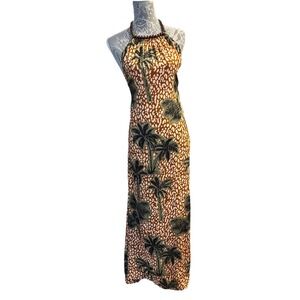 True Destinations Resort Wear Large Brown Beaded Neck Palm Trees Halter Dress